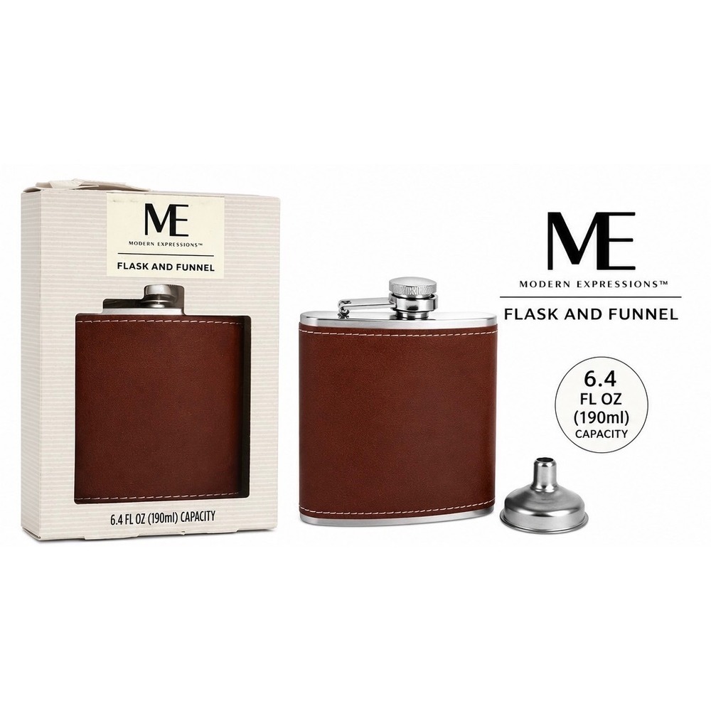Modern Expressions Brown Faux Leather Flask and Funnel Set 6.4oz Stainless Steel